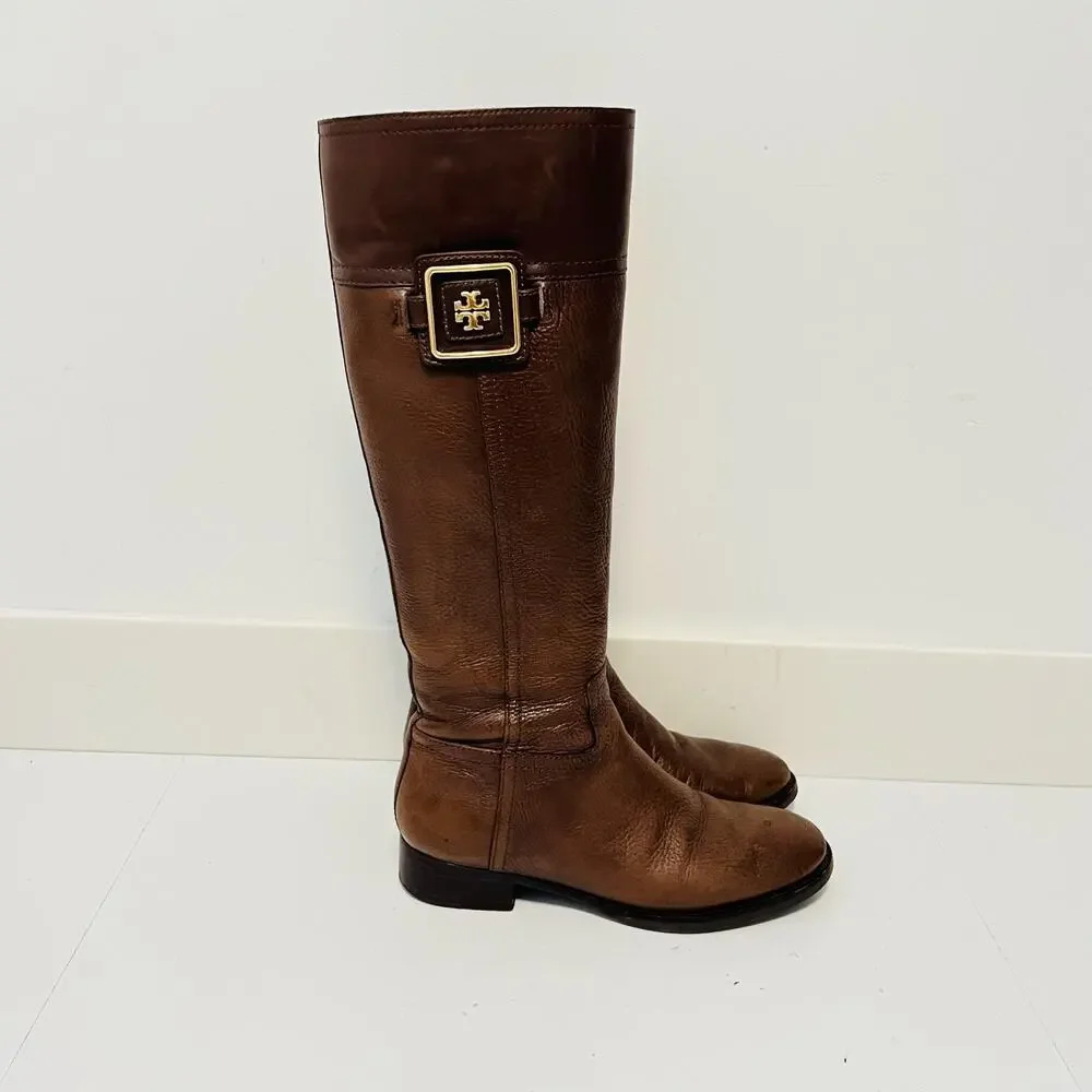 Tory Burch Boots Womens 7 Brown Leather Knee High Riding Logo Buckle Zip Shoes